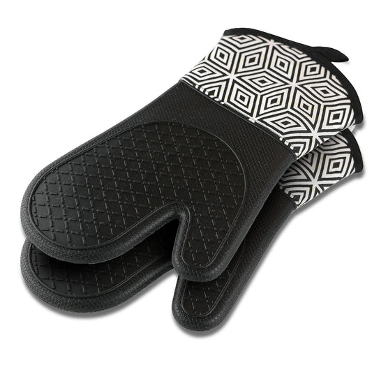 Pair of black silicone oven mitts with geometric-print cotton cuffs