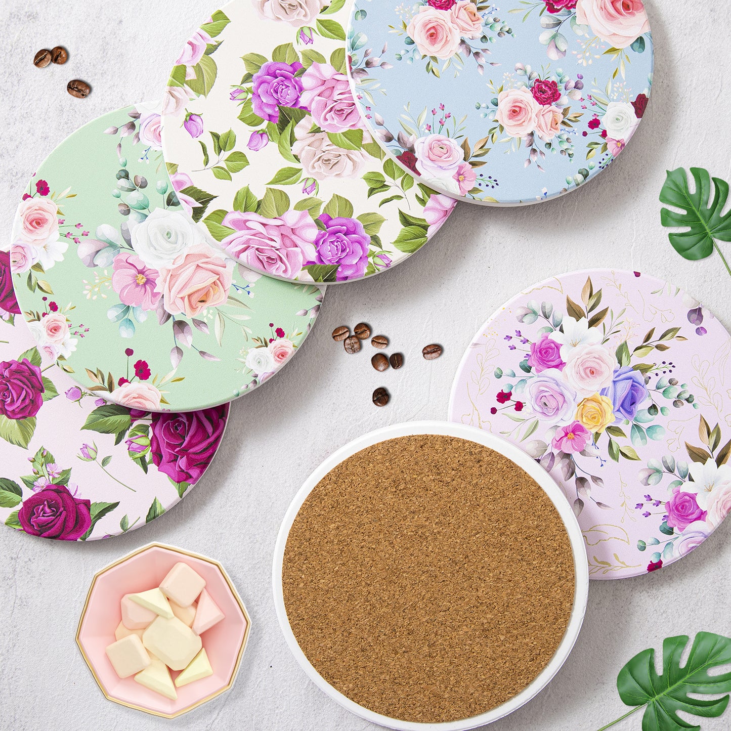 Coasters Set of 6, Absorbent Ceramic Drink Coasters with Holder