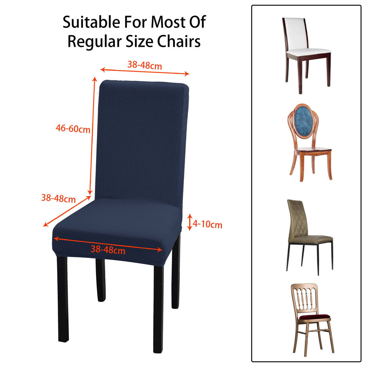 Dining chair cover size guide: fits chair backs 46–60 cm high and seats 38–48 cm wide and deep