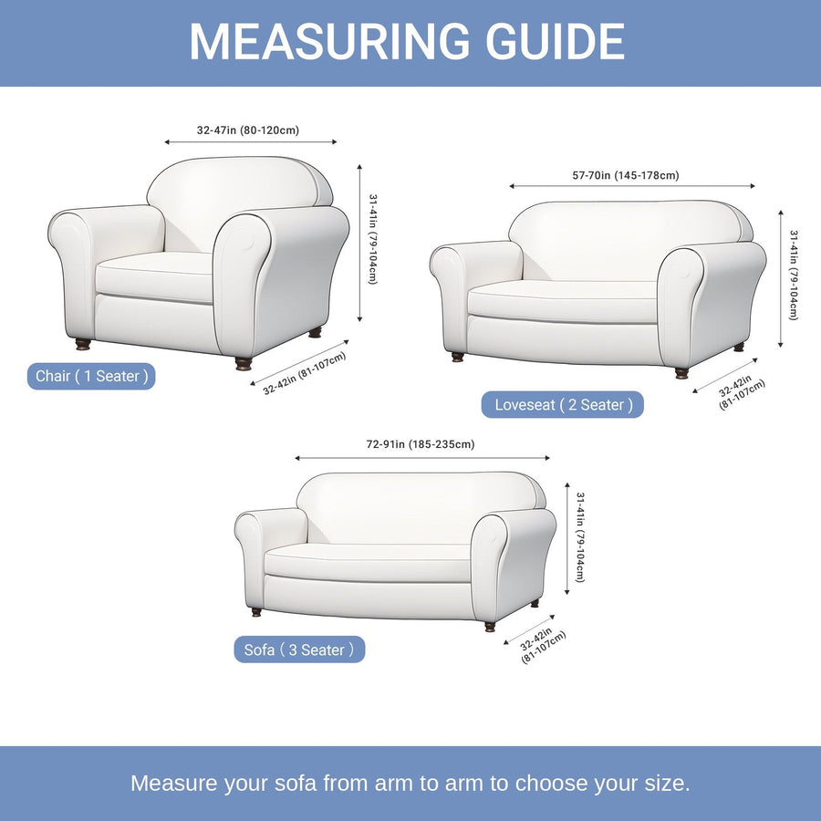 Stretch sofa cover size guide for 1, 2 and 3 seater sofas