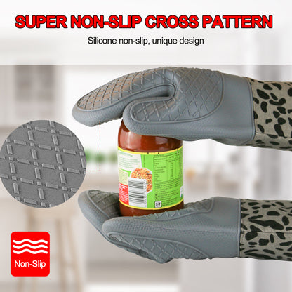 Grey silicone oven mitt with non-slip cross-pattern grip holding a jar