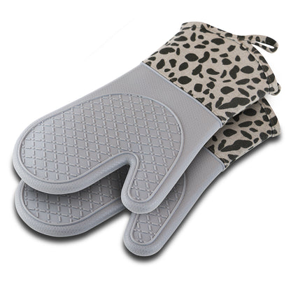 Pair of grey silicone oven mitts with leopard-print cotton cuffs