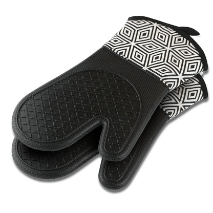 Pair of black silicone oven mitts with geometric-print cotton cuffs