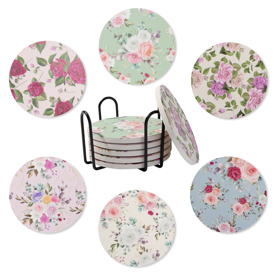 Ceramic coasters, set of 6 with metal holder