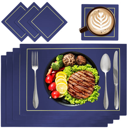 Blue rectangular PU leather placemats and coasters with gold trim, set of 4