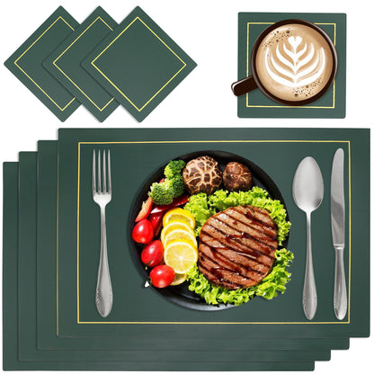 Green rectangular PU leather placemats and coasters with gold trim, set of 4