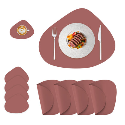 Dusty Red curved PU leather placemats and coasters, set of 4
