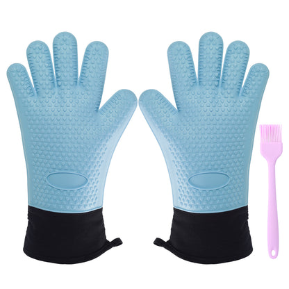 Pair of blue five-finger silicone oven gloves with a silicone basting brush