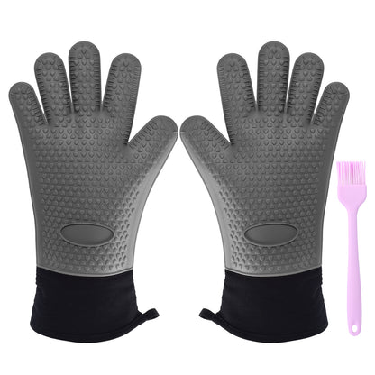 Pair of grey five-finger silicone oven gloves with a silicone basting brush