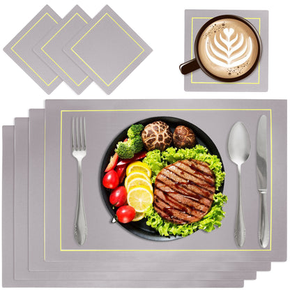 Grey rectangular PU leather placemats and coasters with gold trim, set of 4