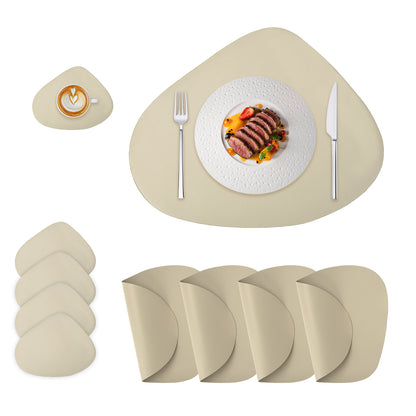 Beige curved PU leather placemats and coasters, set of 4