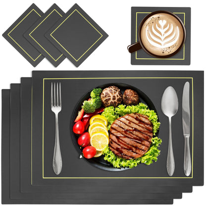 Black rectangular PU leather placemats and coasters with gold trim, set of 4