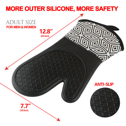 Black silicone oven mitt with long cuff, shown with its length and width