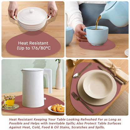Dusty Red and Beige placemats under a casserole dish, teapot and jug