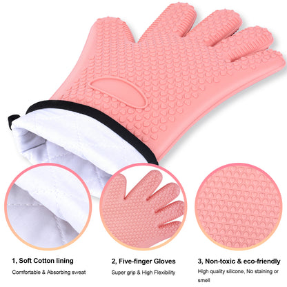 Pink silicone oven glove showing the soft lining, five-finger grip and textured palm