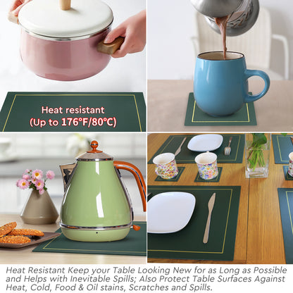Green placemats under a hot pan, mug and kettle