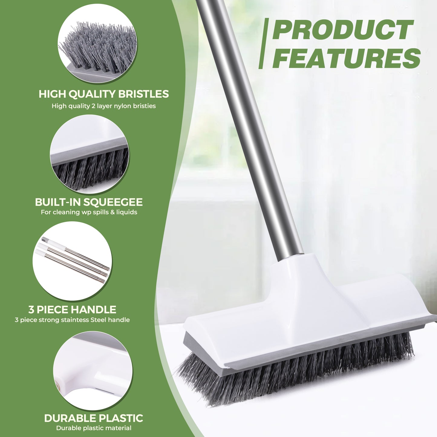 Ocves Floor Scrubbing Brush with adjustable Long Handle, 2 in 1 Stiff Bristle Scrape Brush and floor Squeegee for Cleaning Bathroom