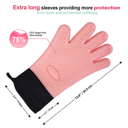 Pink five-finger silicone oven glove with extra-long cuff and its dimensions