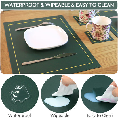 Green rectangular placemats and coasters wiped clean on a dining table
