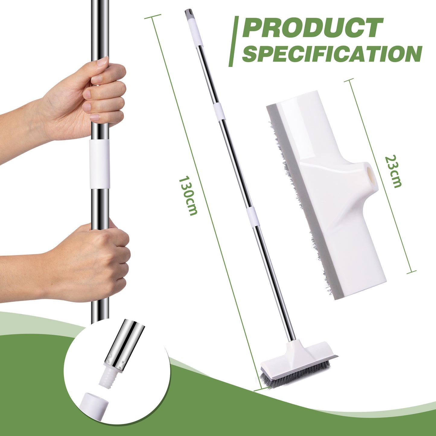Ocves Floor Scrubbing Brush with adjustable Long Handle, 2 in 1 Stiff Bristle Scrape Brush and floor Squeegee for Cleaning Bathroom