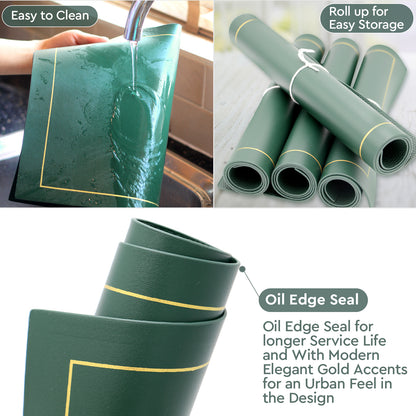 Green placemat close-ups: sealed edge with gold trim and rolled for storage