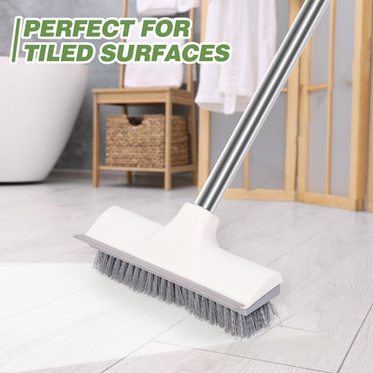 Floor scrubbing brush cleaning a tiled bathroom floor
