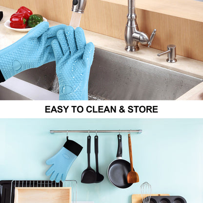Rinsing blue silicone oven gloves at the sink and hanging them on a kitchen rail