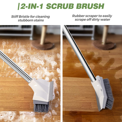 Stiff bristles scrubbing a dirty floor and rubber squeegee clearing water