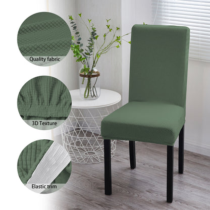 Matcha Green dining chair cover with fabric, texture and elastic trim close-ups
