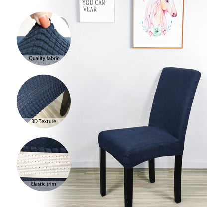 Navy Blue dining chair cover with fabric, texture and elastic trim close-ups