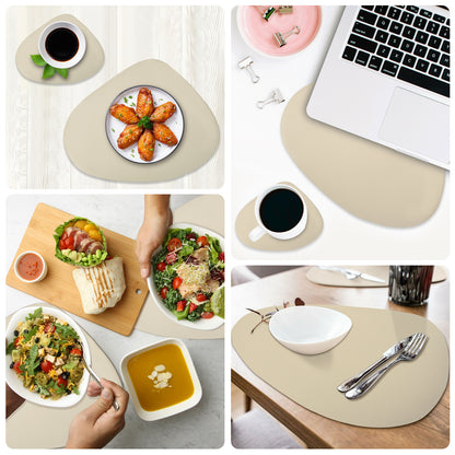 Beige curved placemats and coasters used for meals, coffee and a desk
