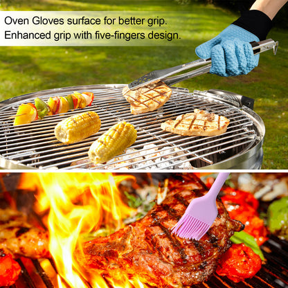 Blue silicone oven glove turning food on a barbecue grill