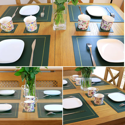 Green rectangular placemats and coasters laid out on a dining table