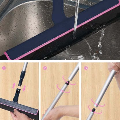 Floor squeegee pushing water away, with handle assembly close-ups