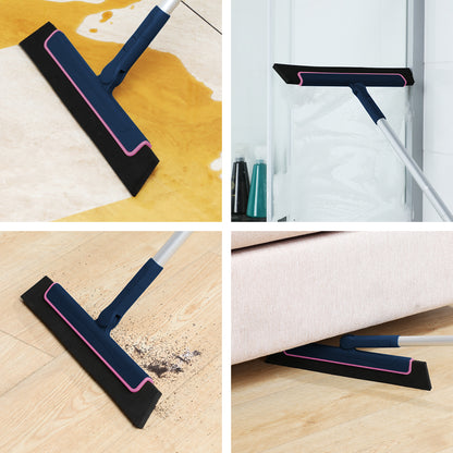 Floor squeegee clearing spills on a floor, a shower screen and under furniture