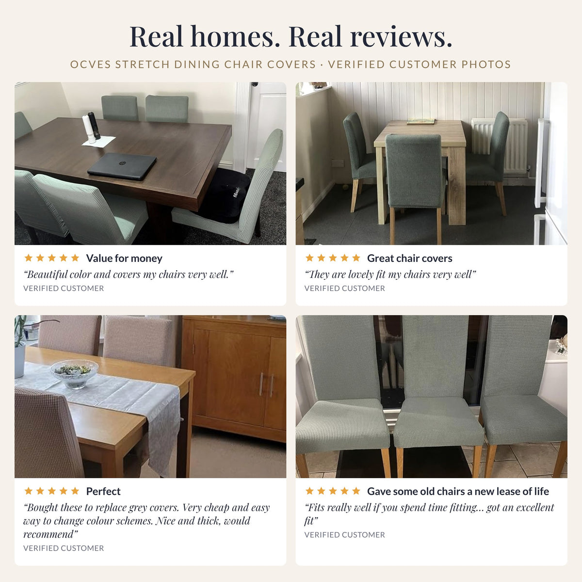 Five-star customer reviews with photos of OCVES stretch dining chair covers fitted on chairs in real homes