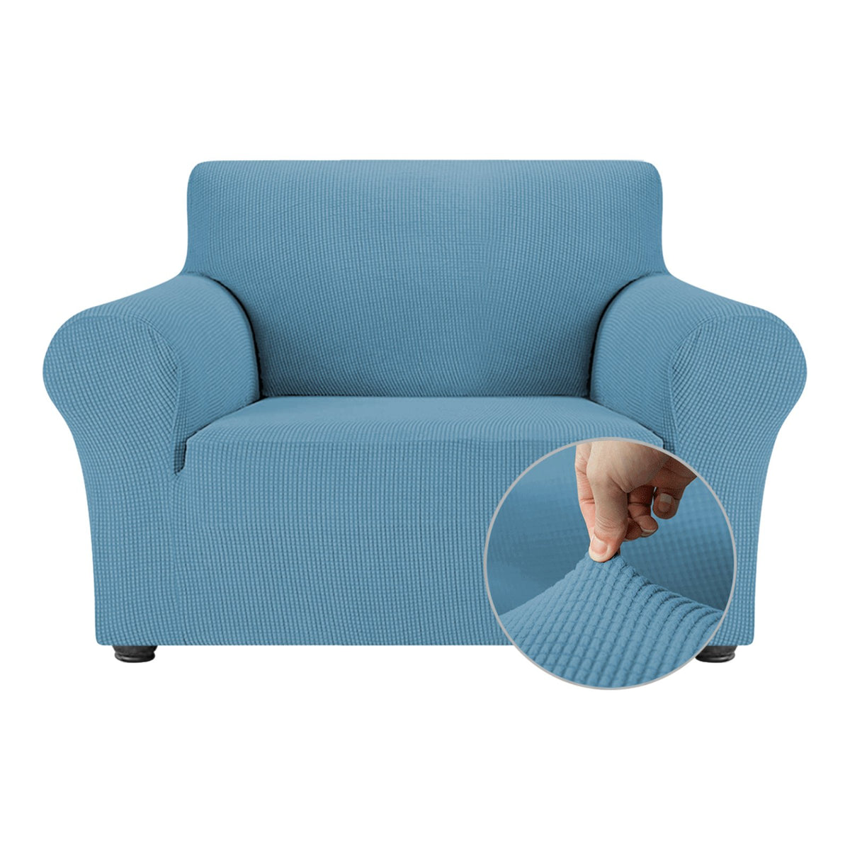 OCVES stretch sofa cover in Blue on a 1 seater armchair