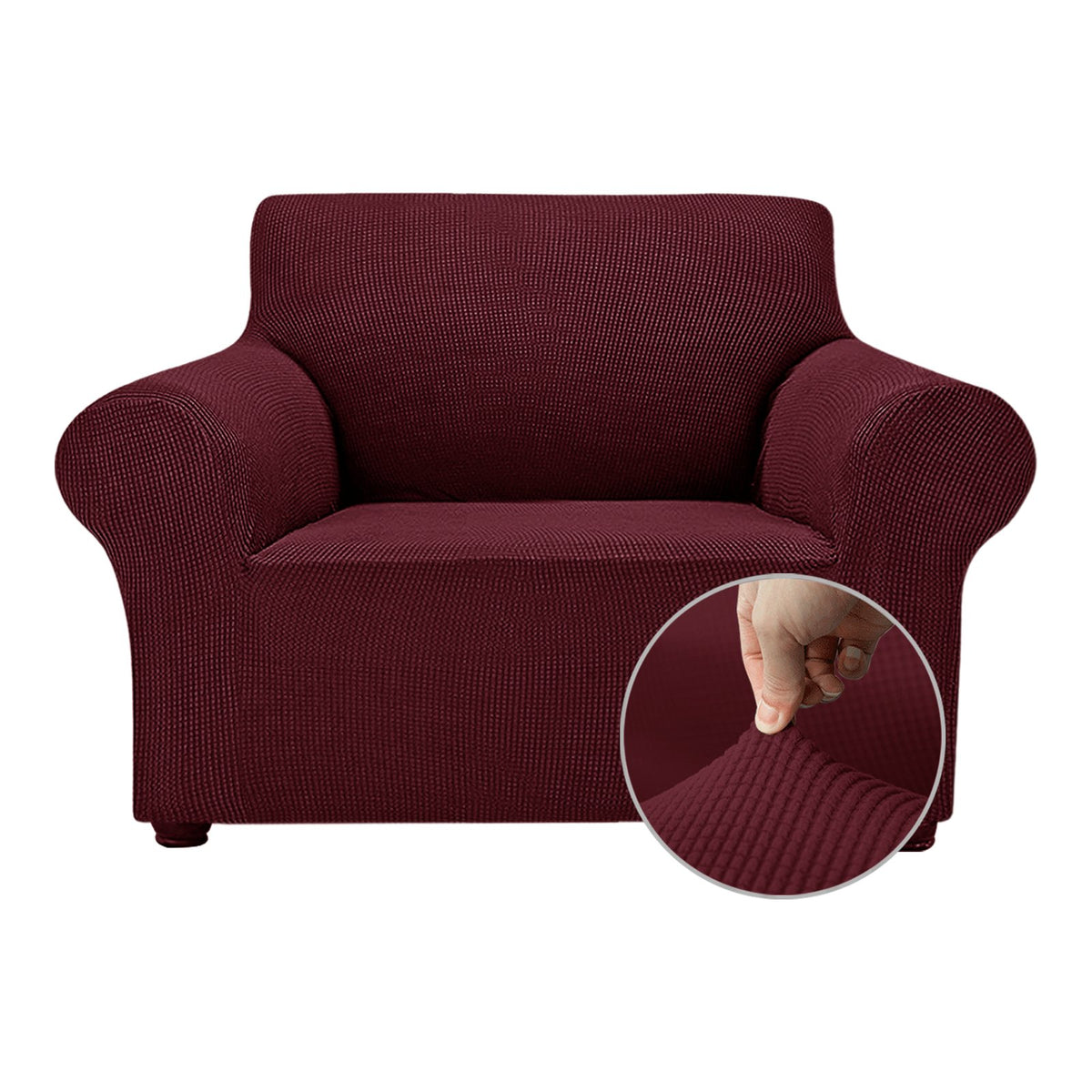 OCVES stretch sofa cover in Burgundy on a 1 seater armchair