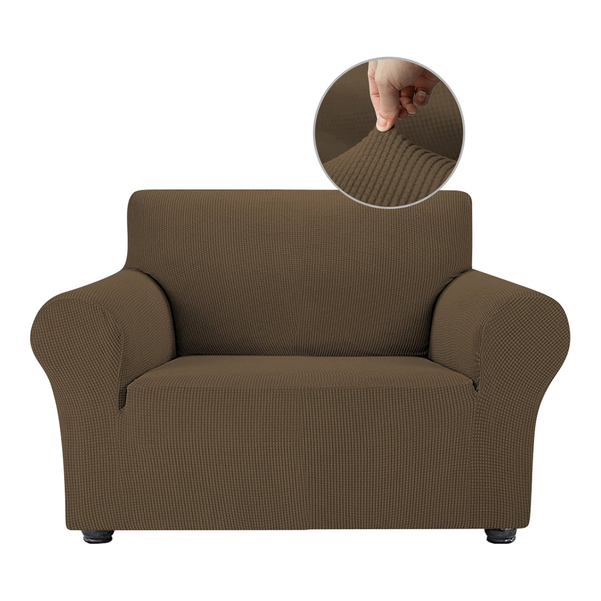 OCVES stretch sofa cover in Camel on a 1 seater armchair