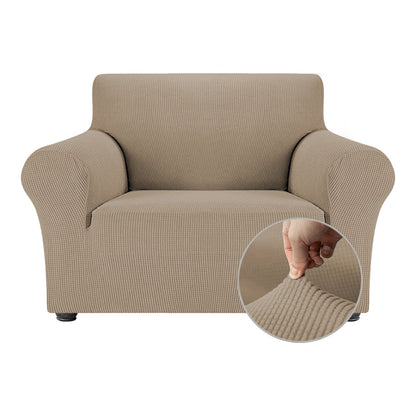 OCVES stretch sofa cover in Khaki on a 1 seater armchair