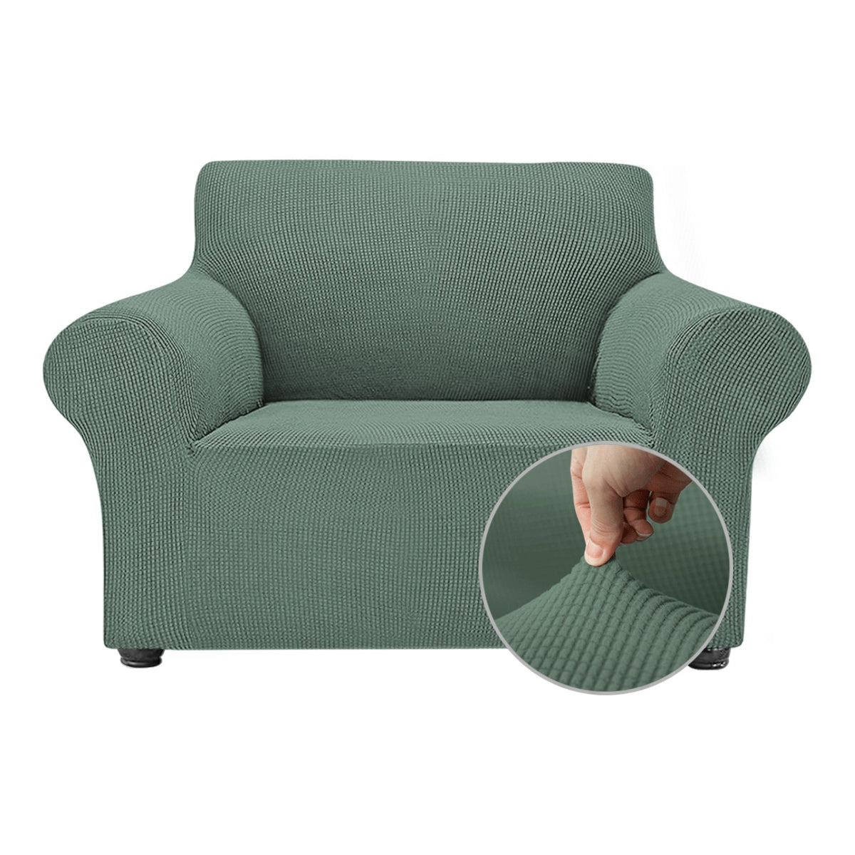OCVES stretch sofa cover in Matcha Green on a 1 seater armchair