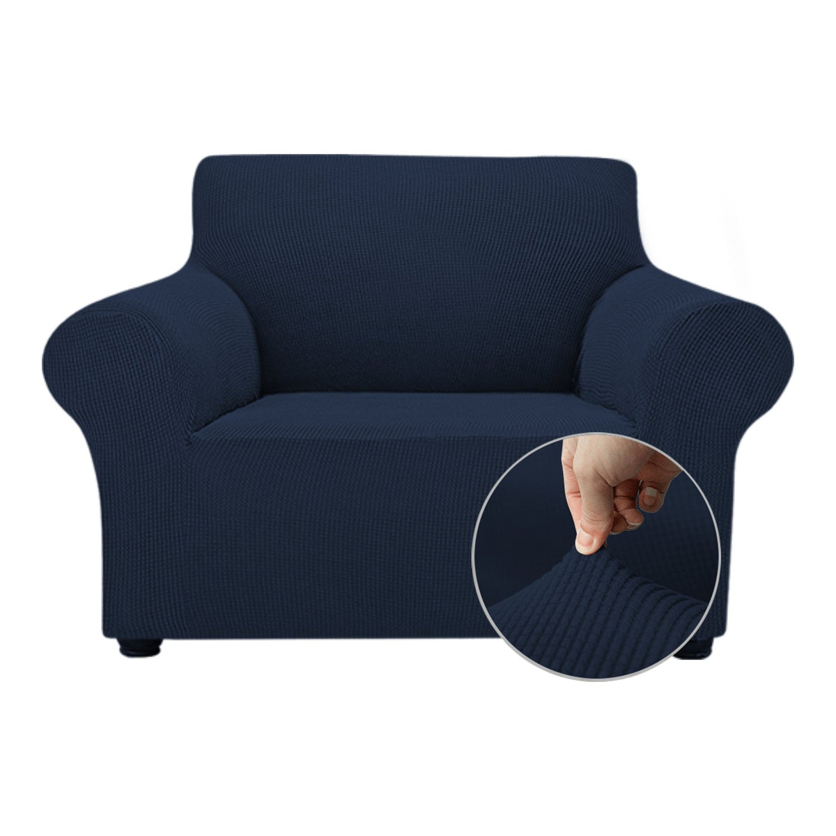 OCVES stretch sofa cover in Navy Blue on a 1 seater armchair