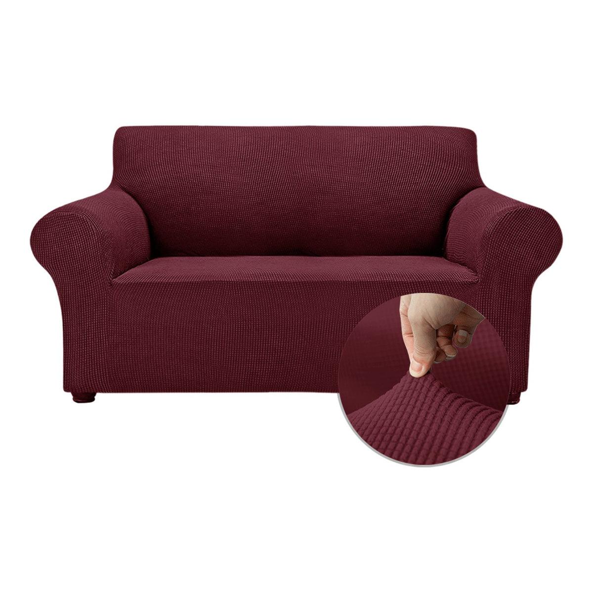 OCVES stretch sofa cover in Burgundy on a 2 seater sofa
