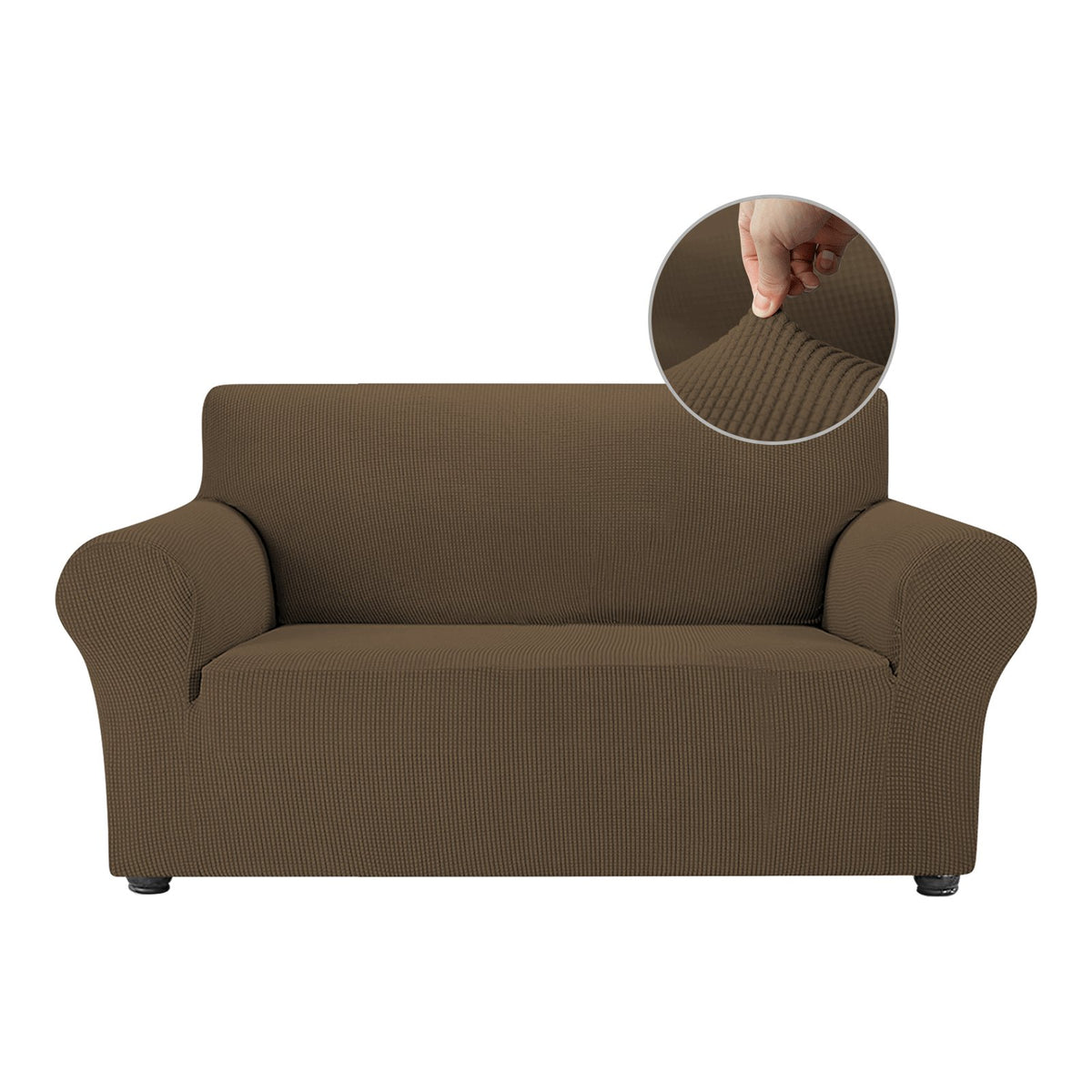 OCVES stretch sofa cover in Camel on a 2 seater sofa