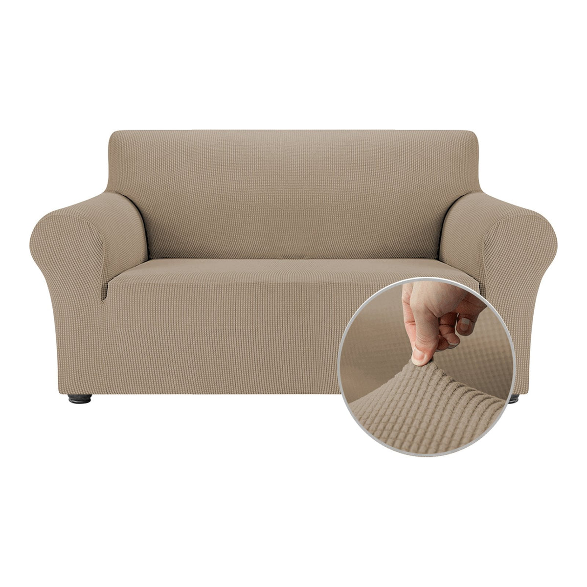 Khaki stretch sofa cover on a 2 seater sofa, part of the Living Room Refresh Set
