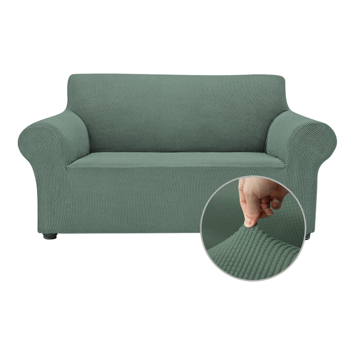 OCVES stretch sofa cover in Matcha Green on a 2 seater sofa