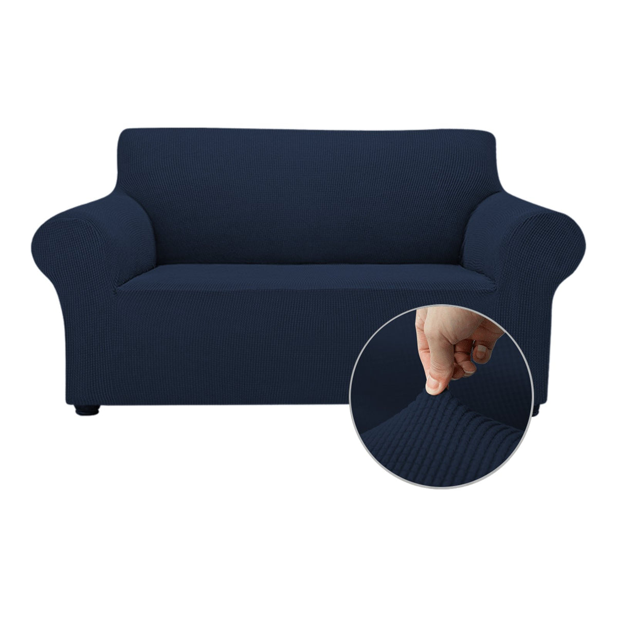 OCVES stretch sofa cover in Navy Blue on a 2 seater sofa