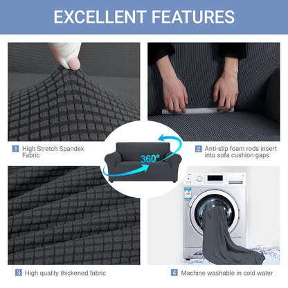 Sofa cover features: stretch jacquard, anti-slip foam, 360° elastic hem, machine washable