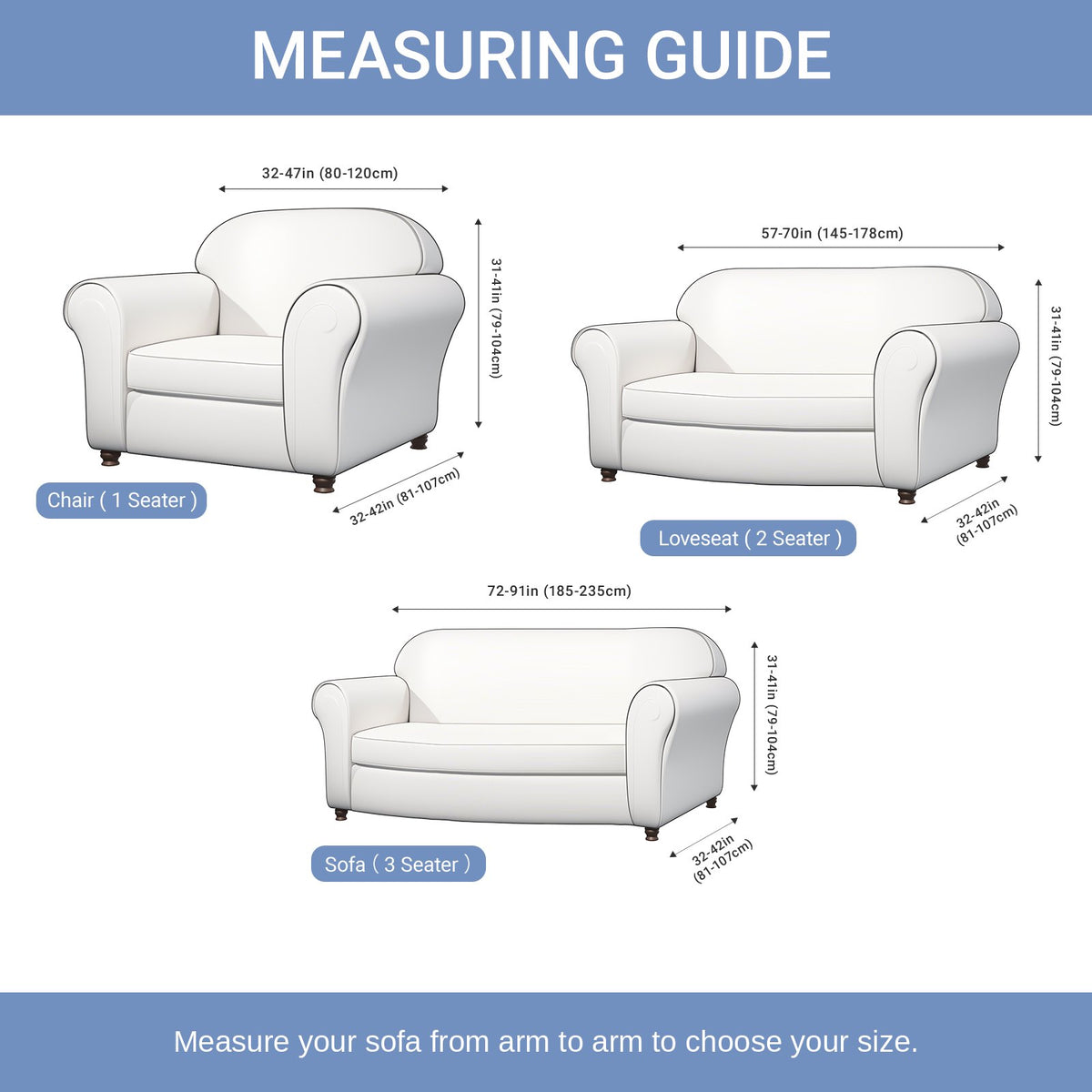 Stretch sofa cover size guide for 1, 2 and 3 seater sofas