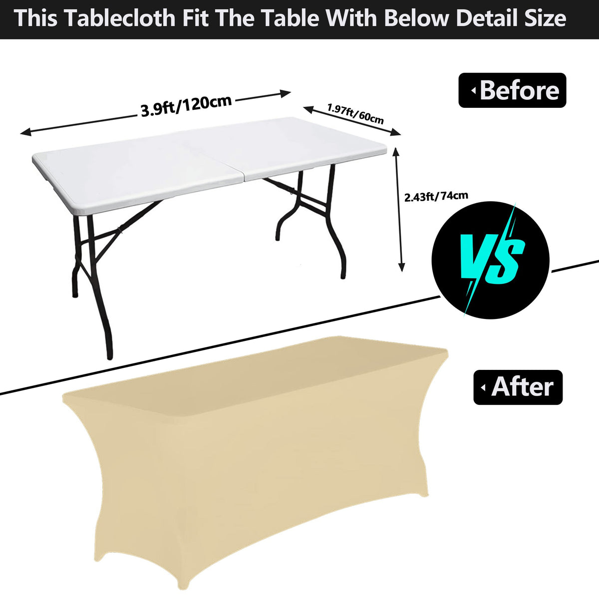 Size guide: the 4ft stretch tablecloth fits tables of about 120 × 60 × 74 cm